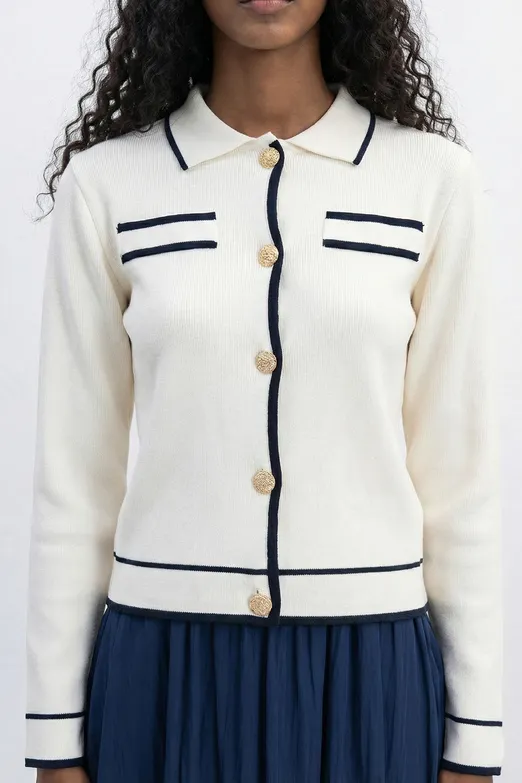 Bayan Ekru Gold Düğmeli Polo Yakalı Hırka - BSL